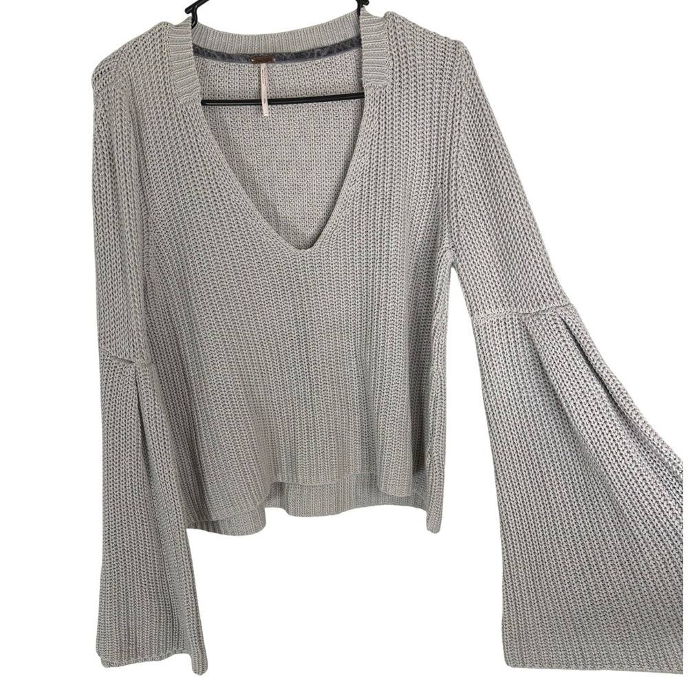 Free People Womens Boho Chunky V-Neck Bell Sleeve Knit Sweater Gray Small
